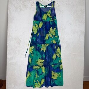 Tropical Abstract Floral Tiered Sheer Maxi Dress Resort Cruise Beach XS Boho